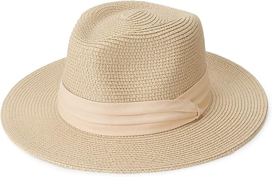 DRESHOW Women Straw Panama Hat Travel Fedora Beach Sun Hat Summer Wide Brim Straw Roll up Hat UPF 50+