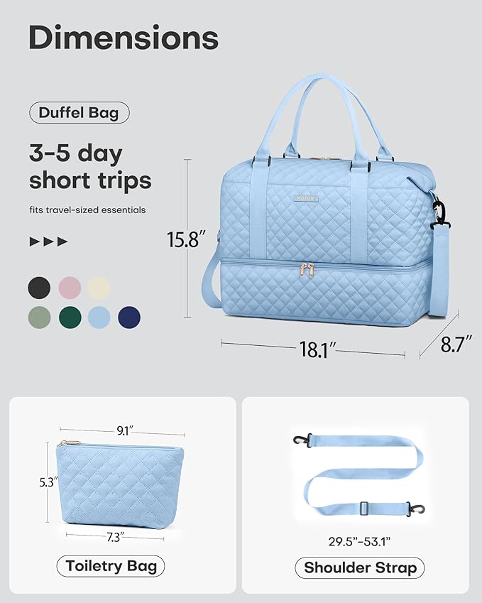 HOTOR Travel Duffel Bag - Weekender Bags for Women, Carry On Overnight Bag with Shoe Compartment, with Toiletry Bag for Travel Essentials and Travel Accessories, Blue, 15.8"×18.1"×8.7"