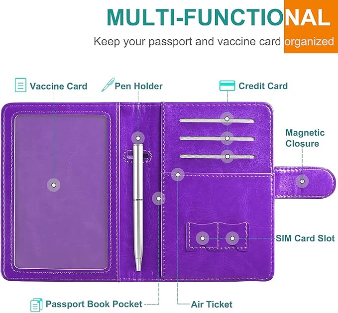RSAquar Unisex Faux Leather Passport and Vaccine Card Holder Combo, Purple, Slim and Lightweight with RFID Blocking Technology