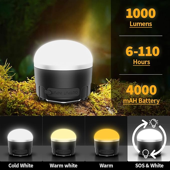 Rechargeable LED Camping Lantern 1000LM,Portable Tent Lights with RGB Color,IP65 Waterproof Camping Lights,Magnetic Base,4000mAH Emergency Hanging Light for Power Outages,Hiking,Tent,Outdoor,Home