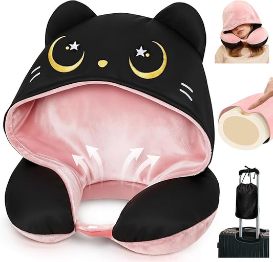 Mewaii Travel Neck Pillow with Hood for Airplanes,Memory Foam,Breathable Ice Silk & Soft Velvet,Double-Sided,Removable to Clean,Adjustable Strap,Portable Travel Pillow for Long Flights Adults & Teens