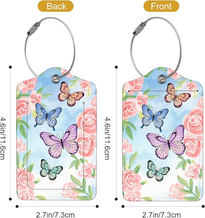 2Pack Luggage Tags for Suitcases, Cute Unique Pu Leather Cruise Luggage Tag with Privacy Cover ID Label Address Card and Metal Ring Suitable for Women Men Kids Travel Bag Pink Flowers and Butterflies