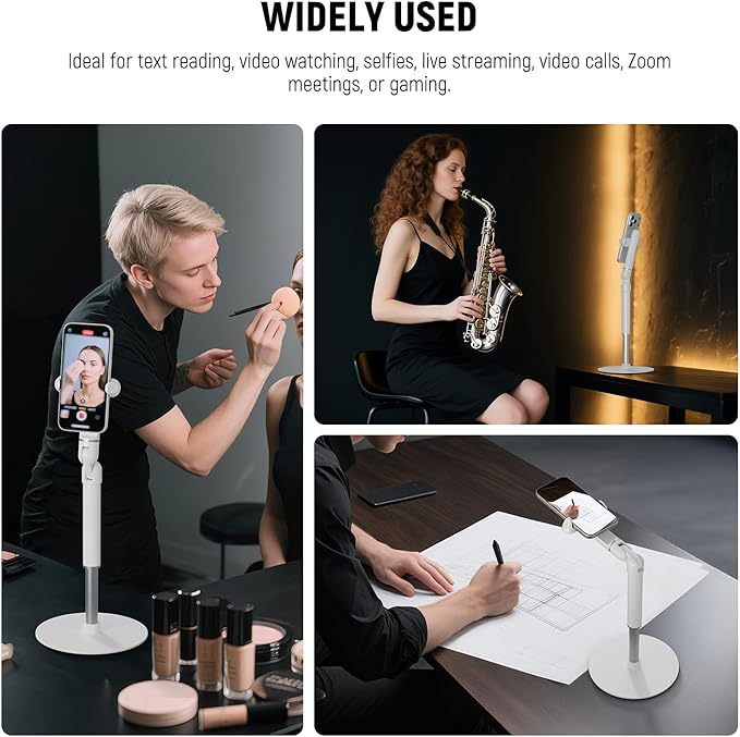 NEEWER Basics Cell Phone Stand for Desk, Adjustable Office Bed Table Phone Mount Holder Clamp with Weighted Metal Base, Compatible with iPhone Video Recording, ST006 White