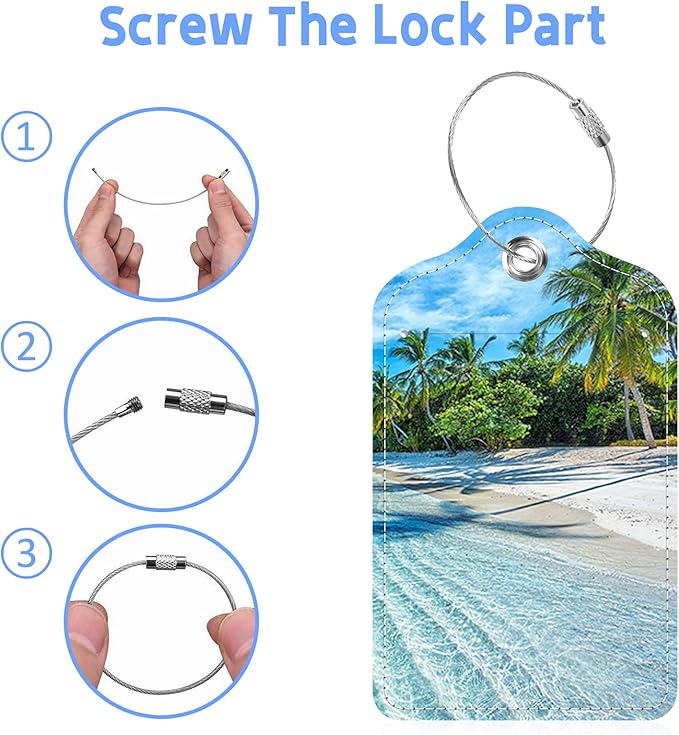 2 Pack Luggage Tags for Suitcase Maldives Islands Tropical Beach Leather Stainless Steel Loop Label Tags for Women Men Travel Bag Suitcase with Privacy Cover Name ID Card