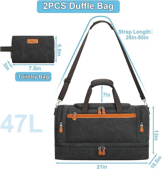 Canvas Travel Duffel Bag for Men - 21 Inch Expandable 47L Weekender Bags with Trolley Sleeve & Toiletry Bag, Overnight Carry On Luggage with Removable Shoulder Strap, Durable & Water-Resistant