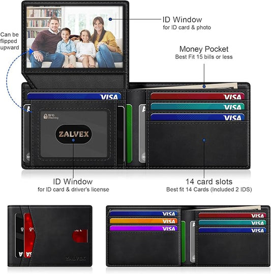 Wallet for Men Slim RFID Blocking Leather Credit Card Holder Wallet for 14 Cards, Bifold Minimalist Thin Wallet with 2 ID Windows & Cash Slot, Front Pockt Carteras Para Hombres, Birthday Gifts for Men