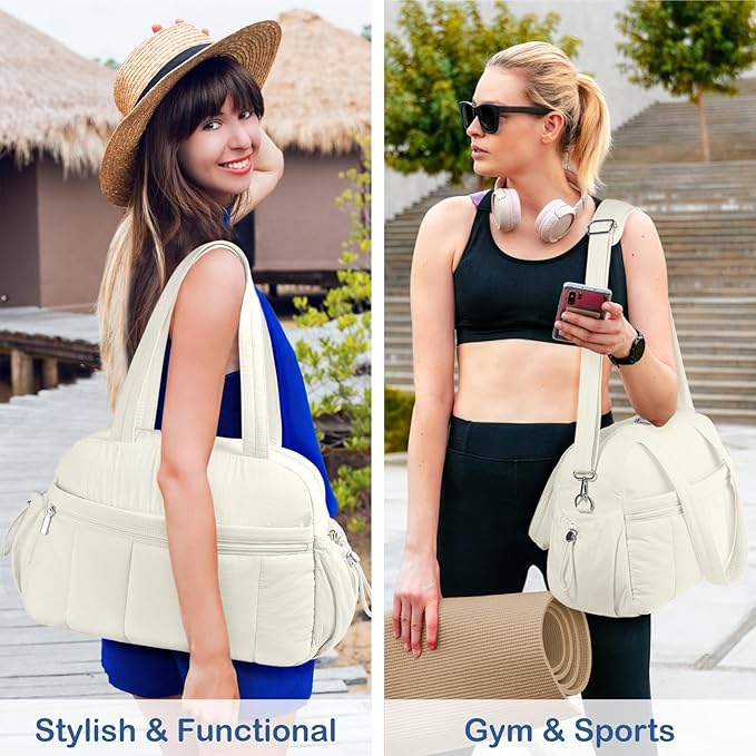 TOPDesign Travel Duffel Bag for Women, Puffer Gym Bag Sports Tote with Wet Pocket, Carry On Weekender with Luggage Sleeve (Ivory White)