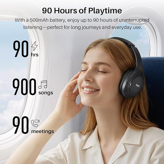 TOZO HT3 Hybrid Noise Cancelling Headphones, 90H Playtime Wireless Over Ear Bluetooth Headset, Spatial Audio AI Chat with 5 Mics, Supports Dual Connection and USB-C Input, with 32 EQ Music Modes