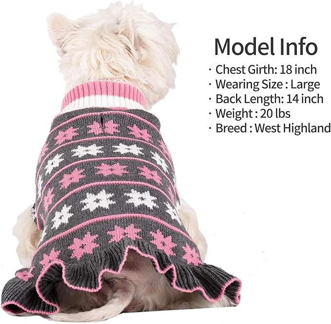 KYEESE Dog Sweater for Medium Dogs Fall Winter Dogs Clothes Warm Pet Coats with Leash Hole Knit Pet Sweater for Girl Turtleneck Pullover Dog Sweater Dress with Snow Flake Pattern, Girl Grey, XX-Large
