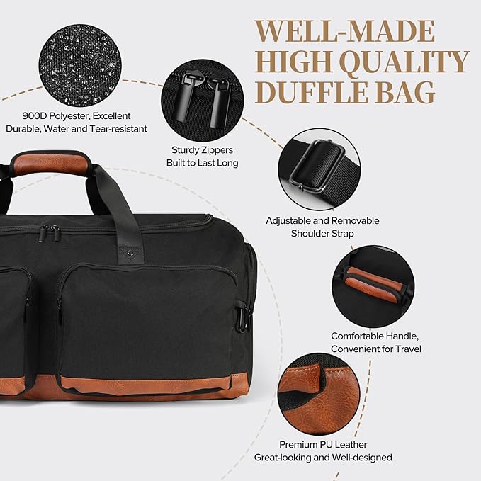 Ezday Duffle Bag for Travel, 55L Travel Duffel Bags, Weekender Overnight Carry on Travel Bag for Men & Women on Traveling, Camping, Sporting, Business (Black, 55L)