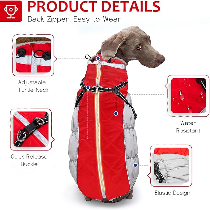 Abuandi Dog Winter Coat with Harness, Dog Jacket, Pet Clothes with Zipper on Back, Waterproof Windproof Warm Vest, Reflective Cold Weather Coats, for Small Medium Large Dogs, Thick, Red, 3XL