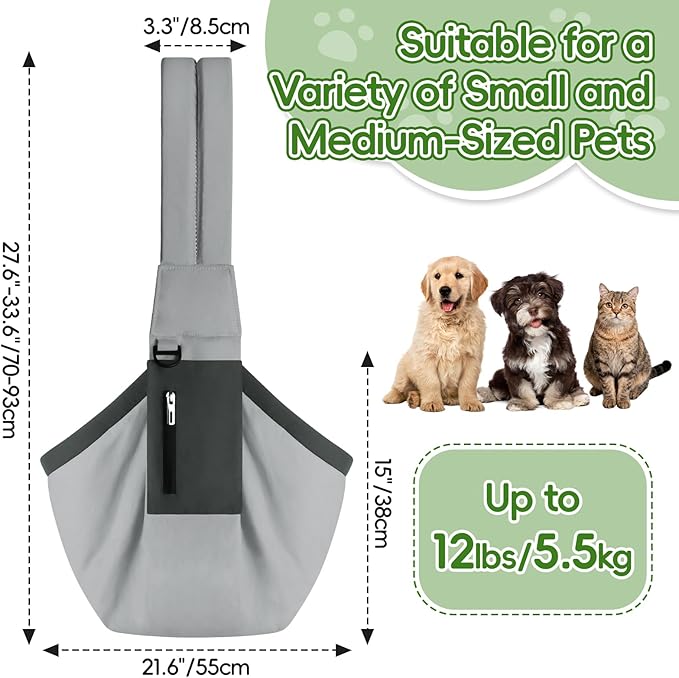 Bartuke Dog Carrier Sling, Hands Free Pet Sling Carriers for Small Dogs and Cats, Thick Padded Shoulder Strap Adjustable Dog Carriers with Storage Pocket, Water-Resistant Puppy Carrier Purse, Grey