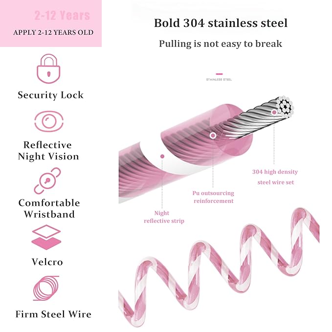 Toddler Harness Walking Leash- Child Anti Lost Wrist Link - Child Safety Harness - Upgrade with Reflective(6.5ft) - for Boys and Girls,Not Easy to Open Without Key (Light Pink)