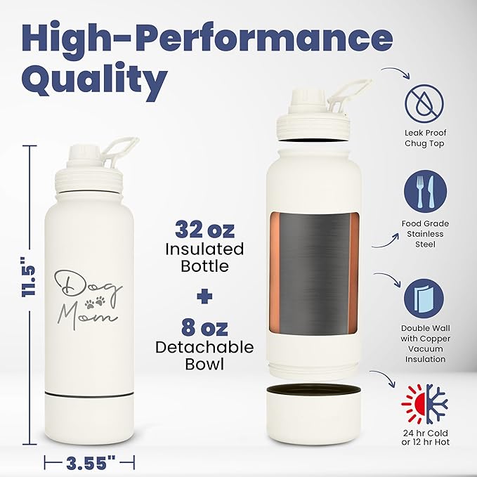 Dog Mom Water Bottle - 32 oz Stainless Steel Double Wall Insulated with 8 oz Detachable Bowl on Bottom - Cool Dog Mom Gifts for Women for Christmas, Birthdays or Gift from The Doggy - DM Cream