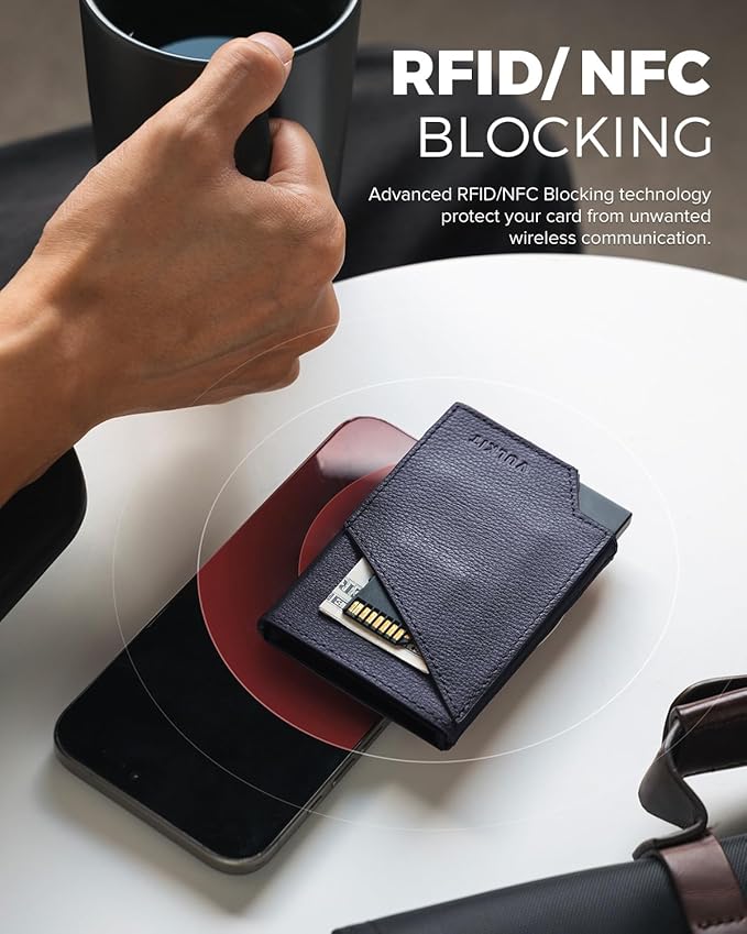 VULKIT Pop up Card Wallet Genuine Leather RFID Blocking Slim Aluminum Metal Bank Card Holder Case with Business Money Pocket for Credit Cards Notes and Coins Blue