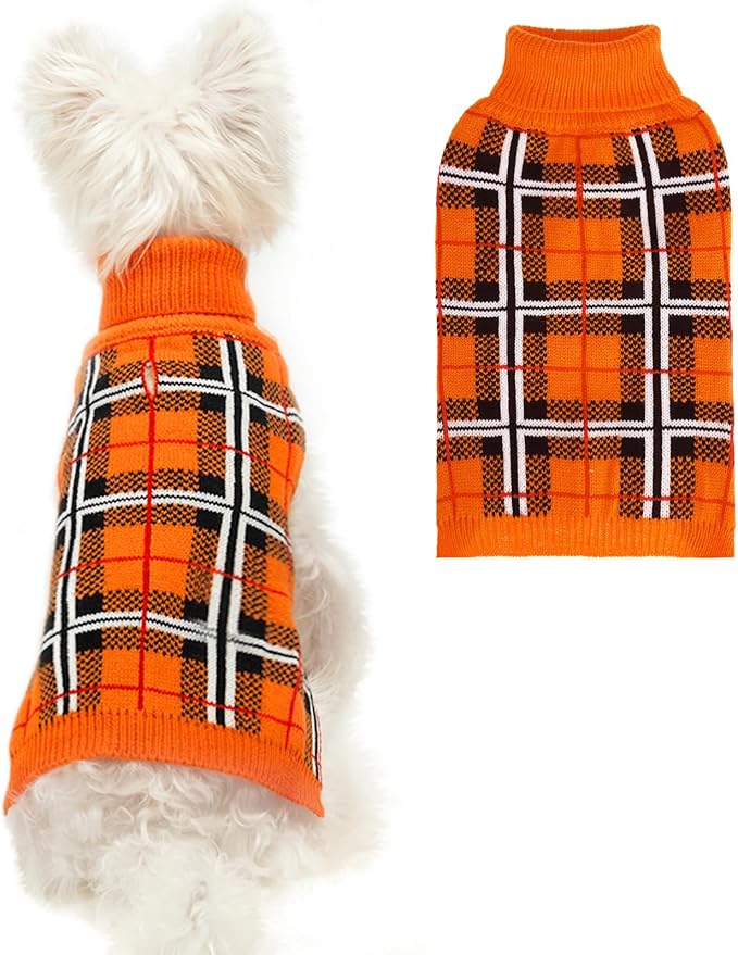 PUPTECK Dog Sweaters for Large Medium Small Dogs - Fall Classic Plaid Style Puppy Holiday Winter Coat Clothes Warm, Reddish Orange, XS
