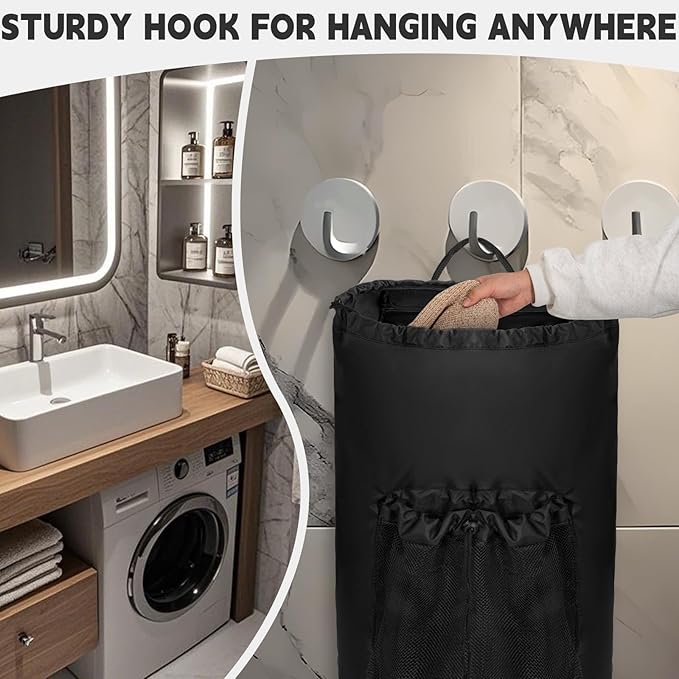 Laundry Bag Backpack with Shoulder Straps and Mesh Pocket Foldable Clothes Hamper Bag with Drawstring Closure for College, Apartment, Laundromat (Black)