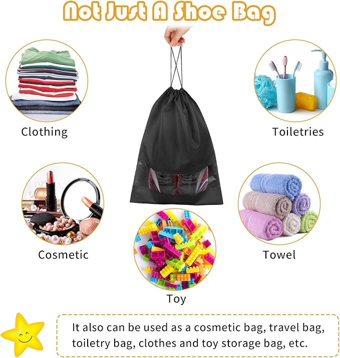 Large Black Travel Shoe Bags - 5 Pcs with Clear Window, Non-Woven Drawstring, 12.6" X 17.3" for Men Women