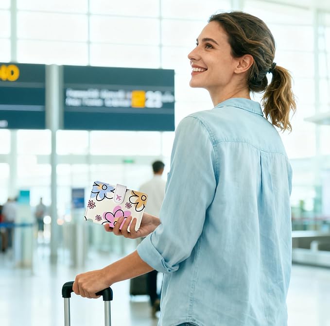 Passport Holder, Travel Wallet Cover with Pen Loop | Cute RFID Blocking Leather Case with Magnetic Closure for Travel Essentials-flower