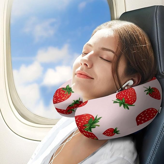 Women’s Travel Pillow U-Shaped Memory Foam Neck Rest, Strawberry Fruit U-Shape, Washable Airplane Car Support