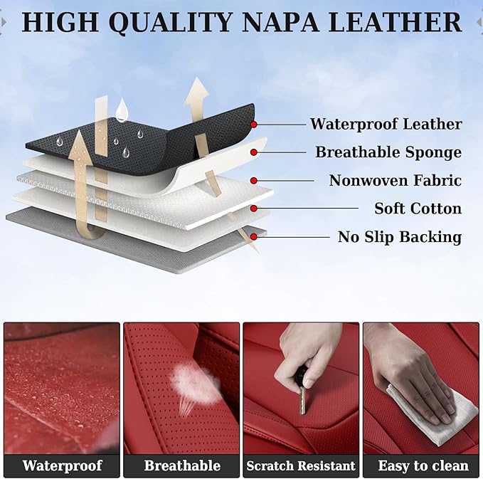 Coverado Universal Seat Covers Front, 2-Pack Universal Seat Covers for Cars, Waterproof Nappa Leather Car Seat Covers with Head Pillow, Auto Protectors Fit for Most Sedans SUV Pick-up Truck-Red