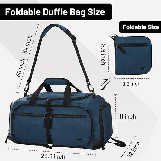 MIER Foldable Duffle Bag with Shoe Compartment 50L Travel Duffel Bags for Men Women Packable Overnight Bag for Camping Gym Weekender, Drak Blue