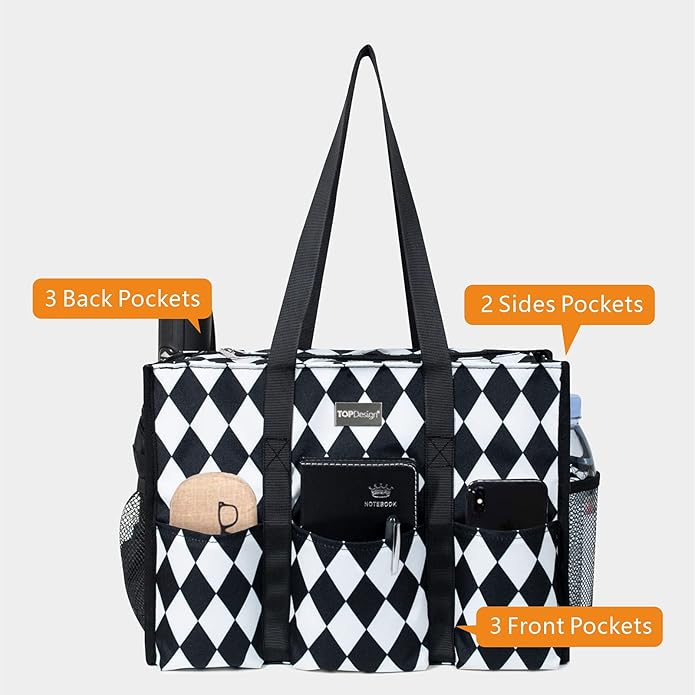TOPDesign Utility Water Resistant Tote Bag with 13 Pockets, Top Zipper Closure & Thick Bottom Support, for Working Women