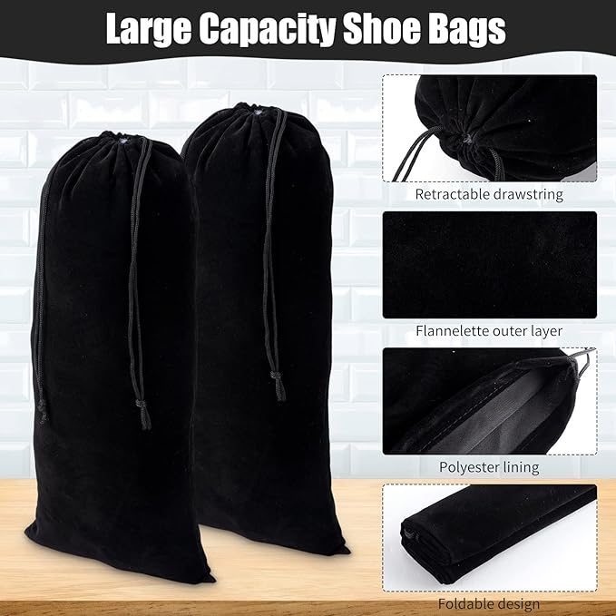 12 Pcs Shoe Bags for Travel Shoe Dust Bags Black Duster Flannel Pouch Washable Covers with Drawstring Breathable for Home Luggage, 8 x 18 Inch