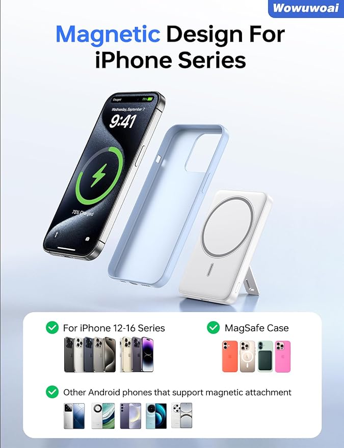 for Magsafe Portable Charger, 10000mAh Wireless Power Bank with Stand, USB C PD 20W Fast Charging Powerbank, Magnetic Battery Pack Compatible for iPhone 17/16/15/14/13/12 Series - White