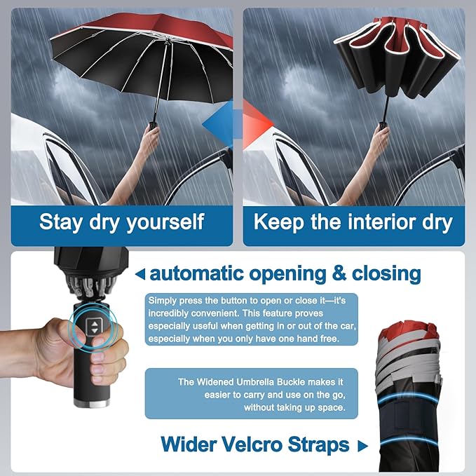 Travel Umbrella for Rain, Automatic Folding Windproof Umbrella with Case - Compact Reverse with 360° Reflective Stripe, Light & Portable Durable for Women & Men
