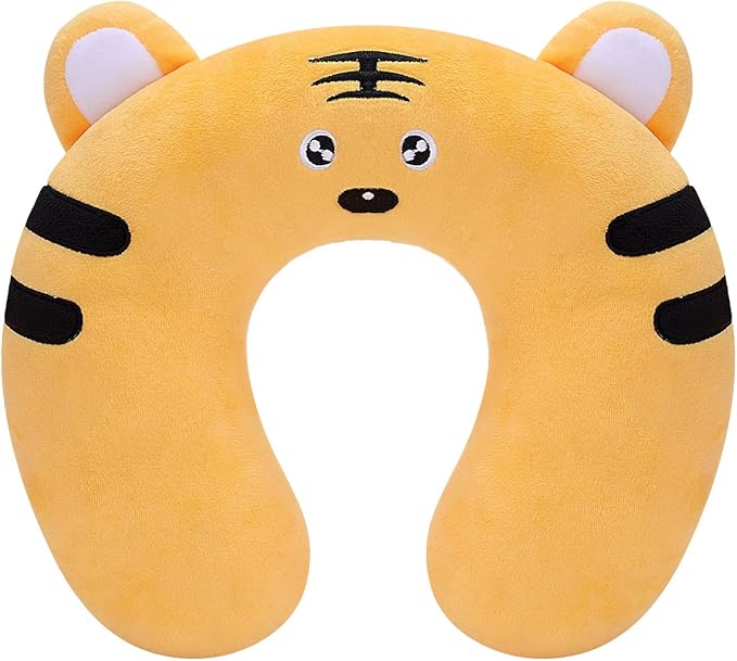 H HOMEWINS Travel Pillow for Kids,Cute Animal Toddler Neck Pillow for Boys Girls,Soft Neck Head Chin Support Pillow,Travel Accessories for Airplane, Car, Train,Recline (Tiger)