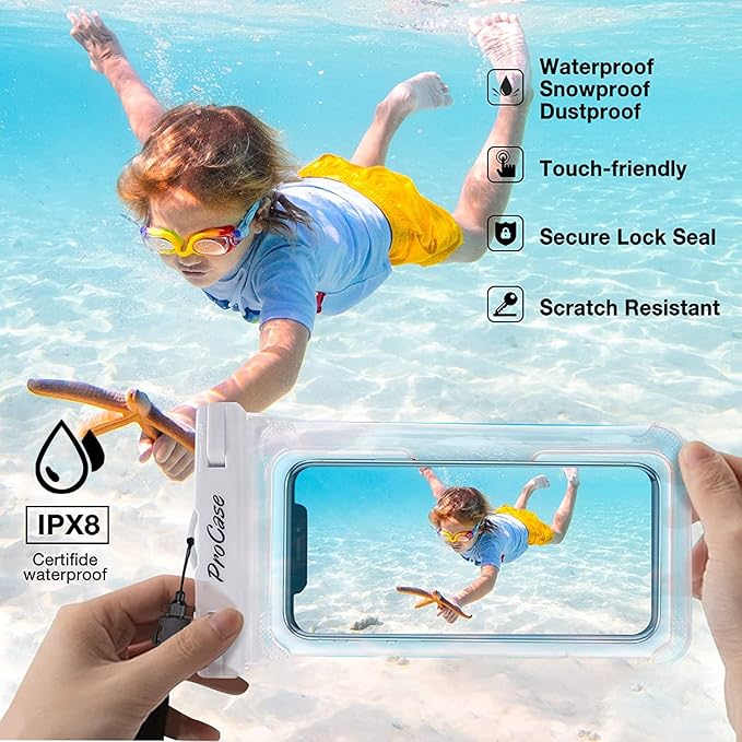 ProCase 2 Pack Waterproof Phone Pouch, Underwater Phone Case Up to 7", Dry Bag for iPhone 17 Air 16 15 14 13 Pro Plus Max, Galaxy S24 S23 S22 Ultra Pixel, Beach Essentials -White & Black