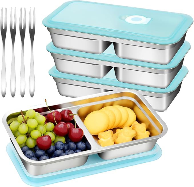vovoyager Stainless Steel Snack Containers with Lids, Reusable Bento Lunch Container Box, Food Storage, Leak Proof, Dishwasher-Safe, Grab and Go for Work, 4 Pack-Double Compartment