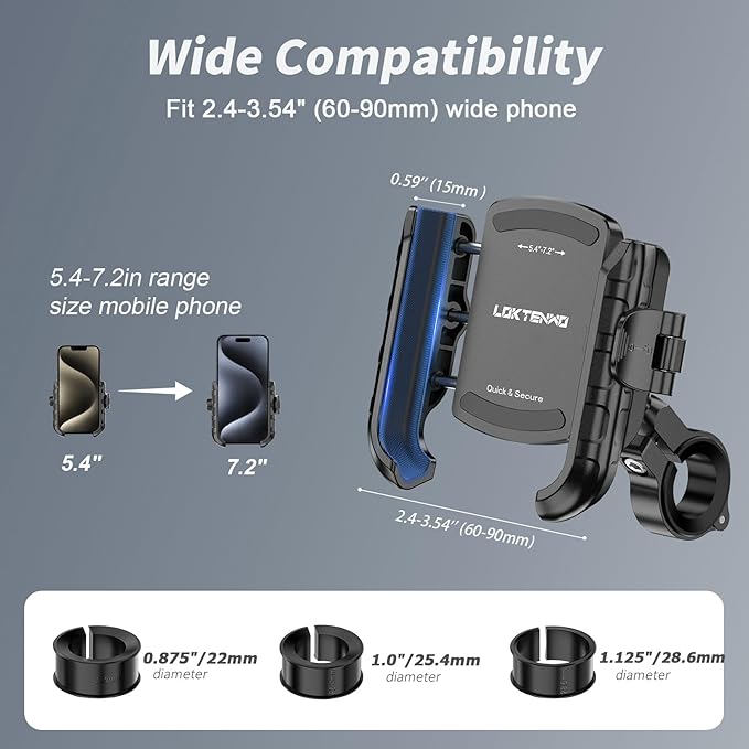 Bike Motorcycle Phone Mount with Aluminum Alloy Mounting Base, [1s Lock & Release] [No Block Camera] Bicycle Handlebar Cell Phone Holder for Scooter ATV, Fit 5.4-7.2" Smartphone