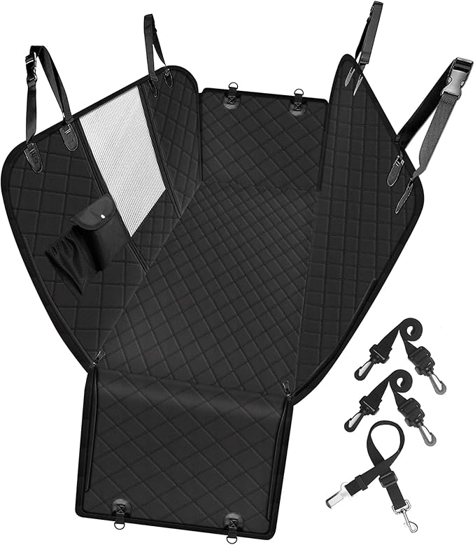 Femuar Dog Car Seat Cover with Storage Pockets Mesh Visual Window, Waterproof Nonslip , Heavy Duty Scratchproof Pet Dog Back Seat Cover Hammock for Cars Trucks and SUVs