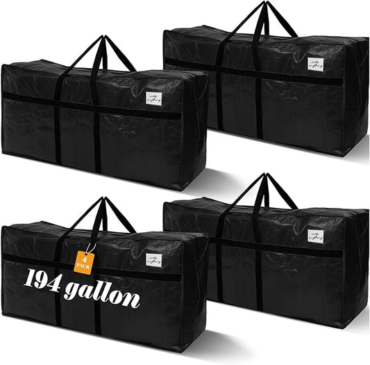 4 Pcs 194 Gallon Large Moving Bags with Zipper and Handles Foldable Storage Duffle Bags Heavy Duty Extra Large Totes for College Dorm Travel Clothes Blankets Bedding Moving (Black)