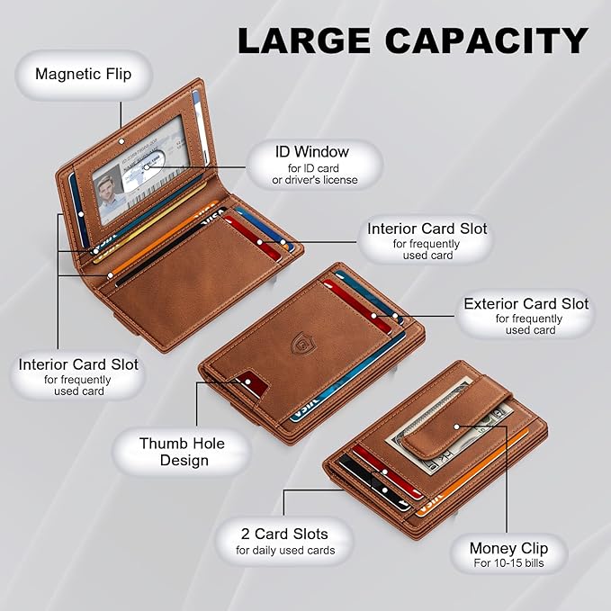 Gtwup Wallet for Men 14-16 Cards, Men's Leather Wallet, Minimalist Thin Card Holder RFID Blocking Money Clip with Simplified Bill Folder & Magnetic Closure, Gifts for Men, Brown