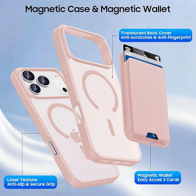 Ntwinro Magnetic for iPhone 17 Pro Max Case (Compatible with MagSafe) with Detachable Wallet & Card Holder for 3 Cards [RFID Blocking] Military Grade Protective Slim Phone Cover, Pink