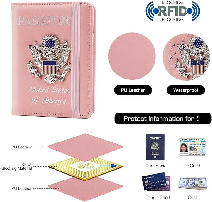 Cnycmy Passport Holder for Travel, Pu Leather Travel Wallet, RFID Blocking, Metal United States Coat of Arms, Waterproof cover for Family (Pink)
