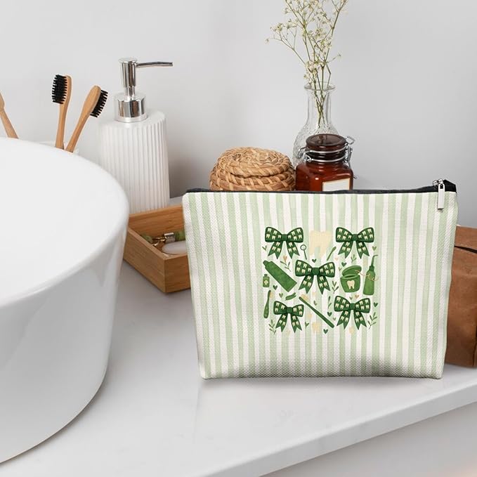 Smile Dental Care Makeup Bag, Cute Tooth & Bow Cosmetic Pouch for Dental Assistant Hygienist Dentist Gift for Women (Green)
