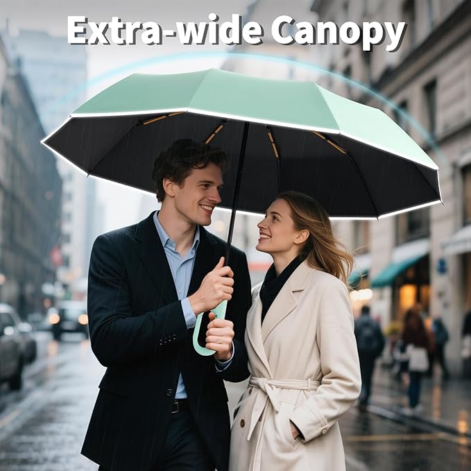 Seniny Travel Umbrella with Carabiner Handle, Windproof Large Umbrellas for Rain with Dual-Rib Structure, Portable Compact Umbrella with Reflective Strip, Car Backpack UV Umbrellas for Sun Protection