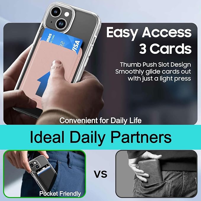 Magnetic for iPhone 14 Plus & iPhone 15 Plus Clear Case (Compatible with MagSafe) with Pink Detachable Wallet & Card Holder for 3 Cards [RFID Blocking] Military Grade Protective Slim Phone Cover