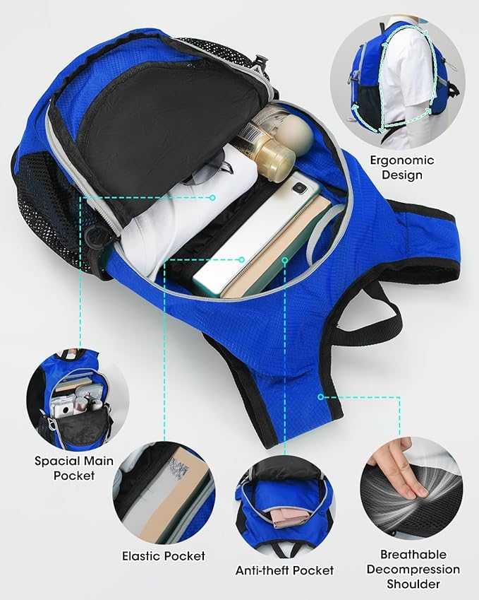 Small Hiking Backpack with Front Phone Holder, Packable Back pack with Chest and Waist Strap, Lightweight Daypack for Women Men