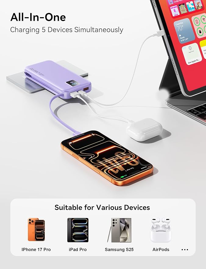 Portable Charger, 12000mAh 22.5W Fast Charging Power Bank with Built-in Cables & Wall Plug, Travel Essential Battery Pack with LED Display, USB C Battery Phone Charger for iPhone, iPad, Samsung Purple