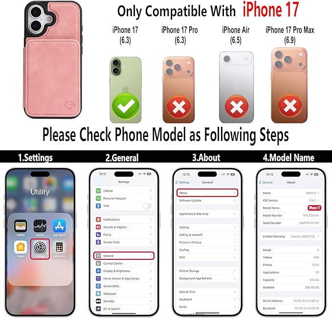 GUERNICA for iPhone 17 (6.1") Case Wallet with Card Holder, RFID Blocking Leather Protection, Shockproof Women Men Phone Case for Apple 17, Pink