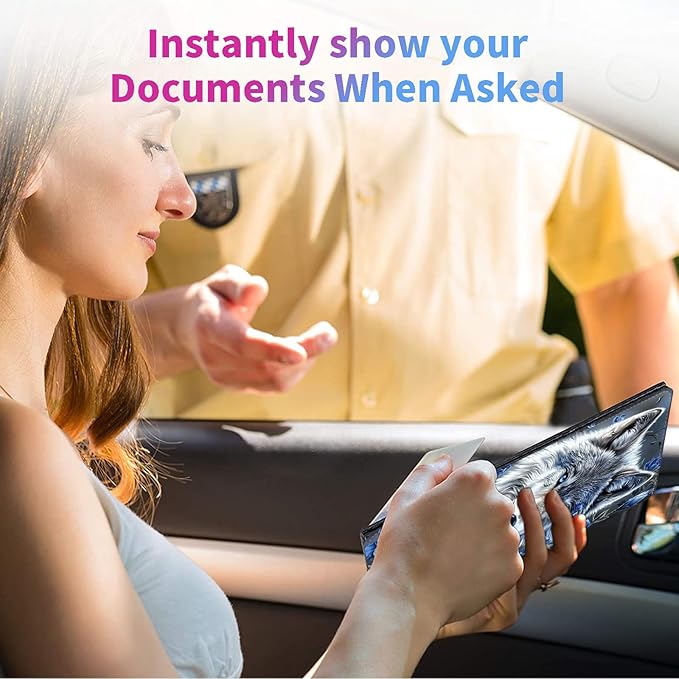 Car Registration and Insurance Holder,Leather Insurance License and Registration Card Holder for Car Glove Box, Auto Truck Document Holder Organizer for Men Women-White wolf with Blue Flowers