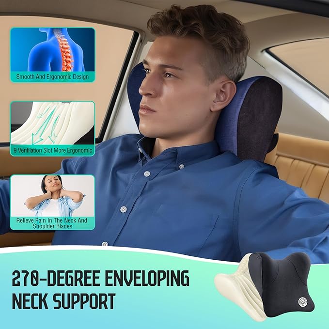 Car Neck Pillow for Driving Seat, Soft Memory Foam Headrest Pillow with Adjustable Strap and Removable Cover, Ergonomic Neck Support for Car, Office Chair, Gaming Chair – Dark Grey