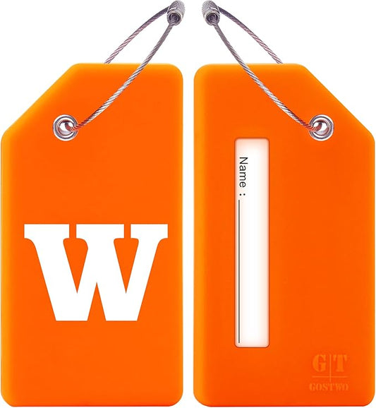 Gostwo 2 Pack Silicone Luggage Tags for Suitcases, 26 Initial Letter Baggage Labels Handbag School Bag Suitcase Instrument Tag with Stainless Steel Loop(Orange)(Letter W)
