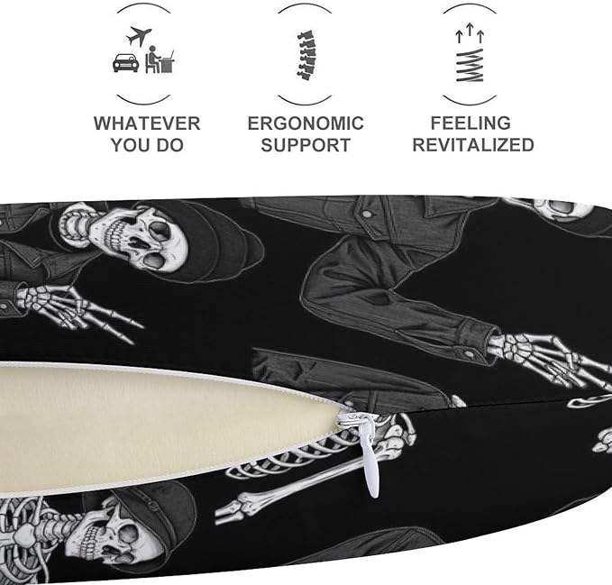 Soft Memory Foam Travel Pillow Chin Support Custom Human Skeleton Skull, Removable Washable Cover for Airplane Car Home Office Nap