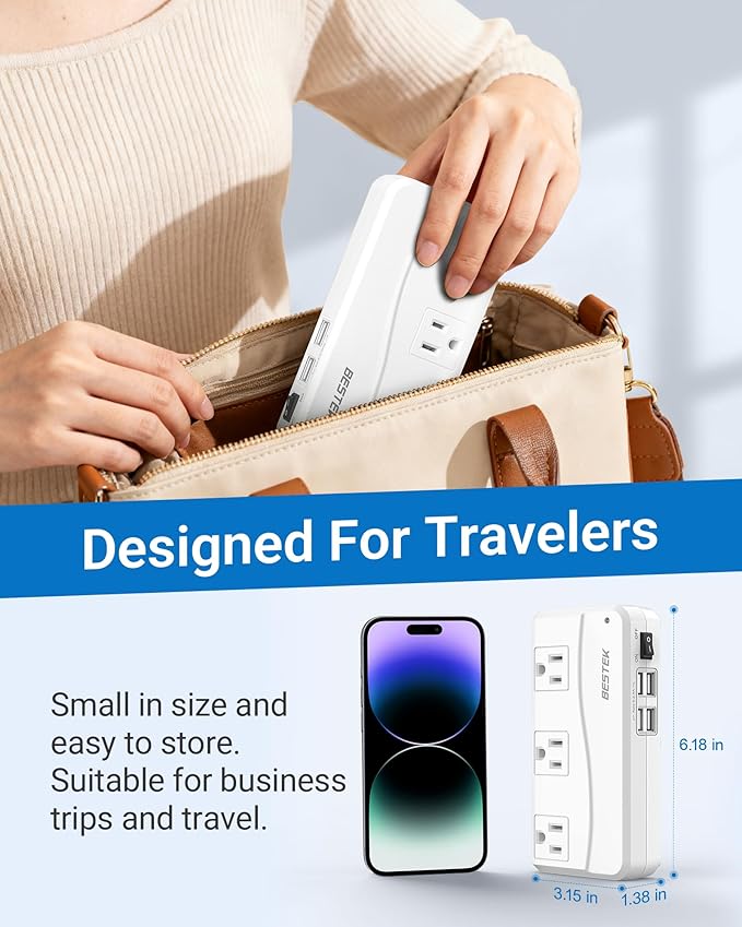 BESTEK Universal Travel Adapter 100-220V to 110V Voltage Converter 250W with 6A 4-Port USB Charging 3 AC Sockets and EU/UK/AU/US/India Worldwide Plug Adapter (03 UK Plug White)